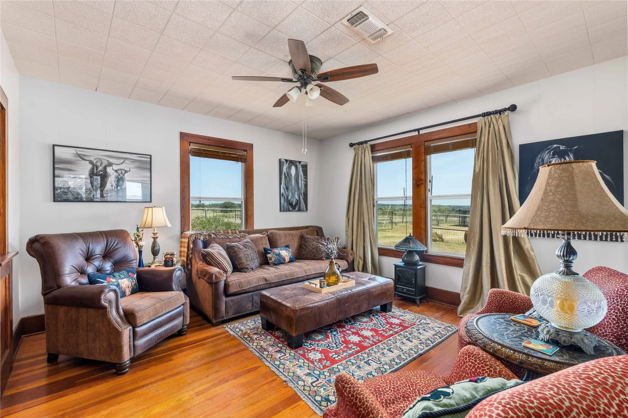 Charming living room with original wood floors