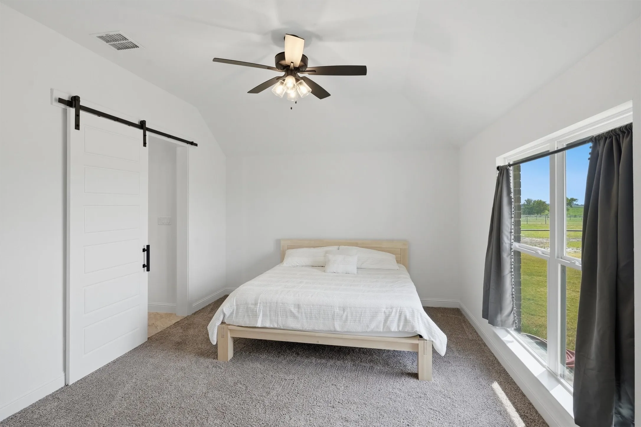 White barn door with black hardware, ceiling fan with light fixture, large window, and carpeted flooring
