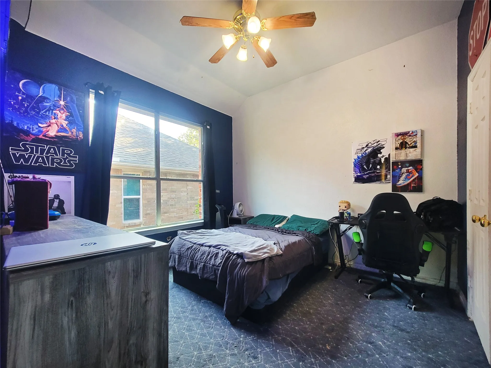 Large window with dark trim, ceiling fan light fixture, and paneled door