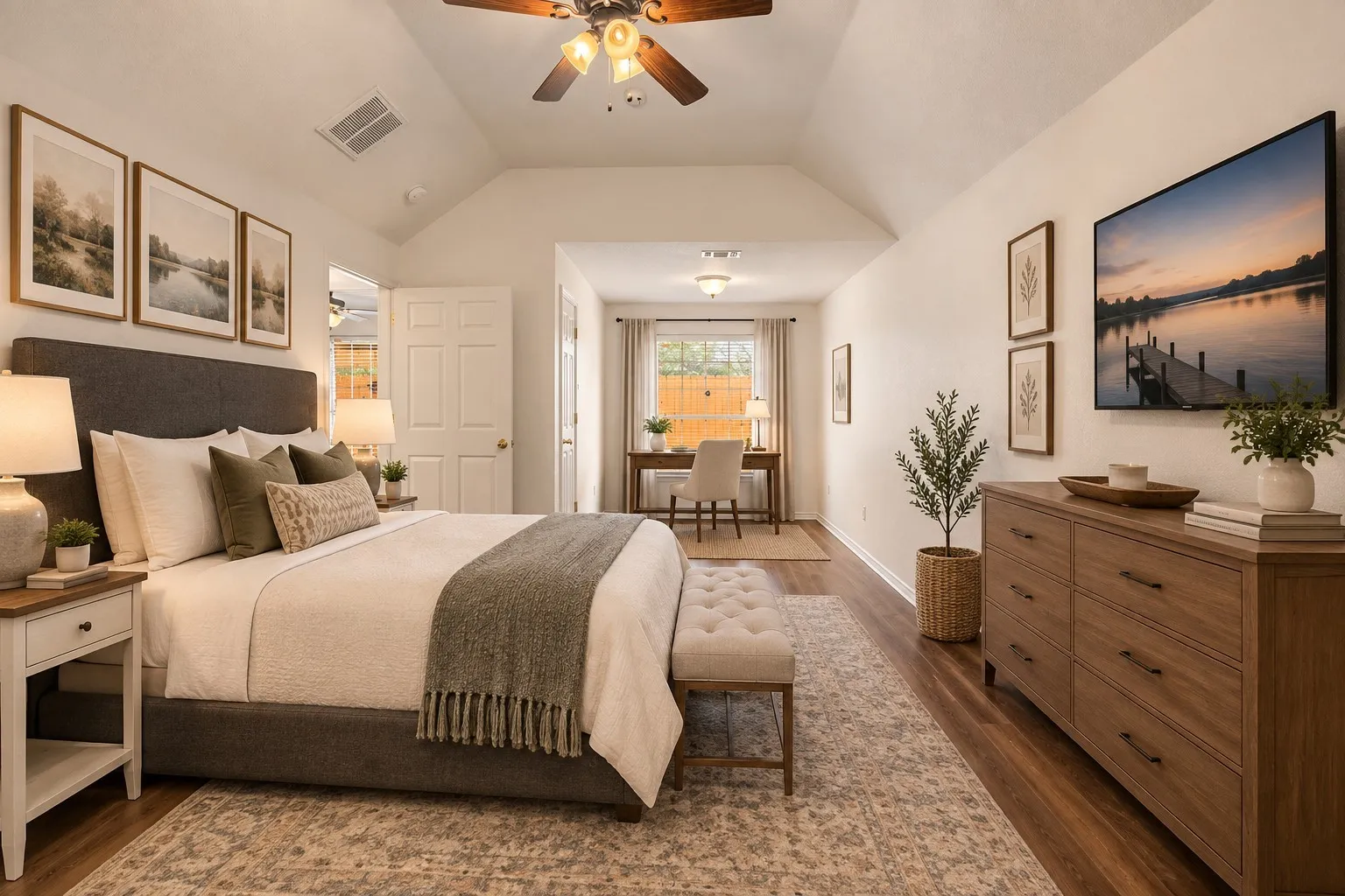 Digitally staged primary bedroom