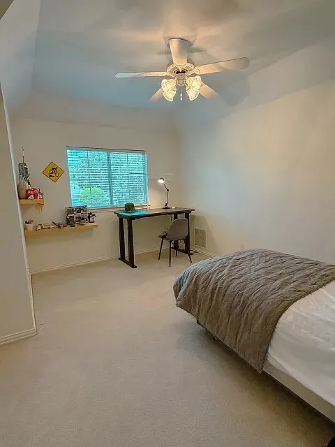 Recessed window, ceiling fan with integrated lighting, and neutral carpeting