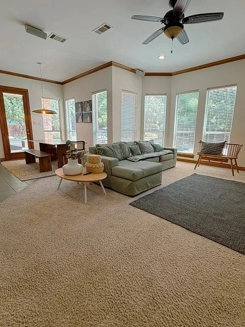 Carpeted living area featuring a ceiling fan, recessed lighting, and multiple windows with blinds