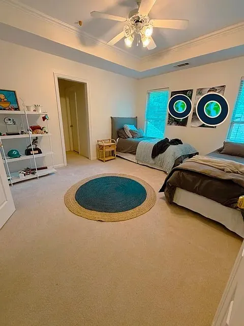 Recessed tray ceiling with crown molding, ceiling fan with integrated lighting, two windows with blinds, and carpeted flooring