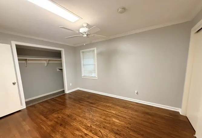 Hardwood flooring, ceiling fan, crown molding, built-in closet shelving, and a window for natural light