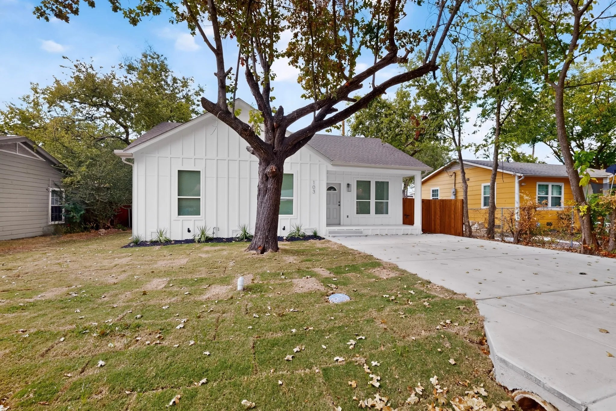 Modern farmhouse residence with clean board-and-batten exterior, featuring a mature shade tree anchoring the front landscape, concrete driveway, manicured lawn, and updated window and door styling