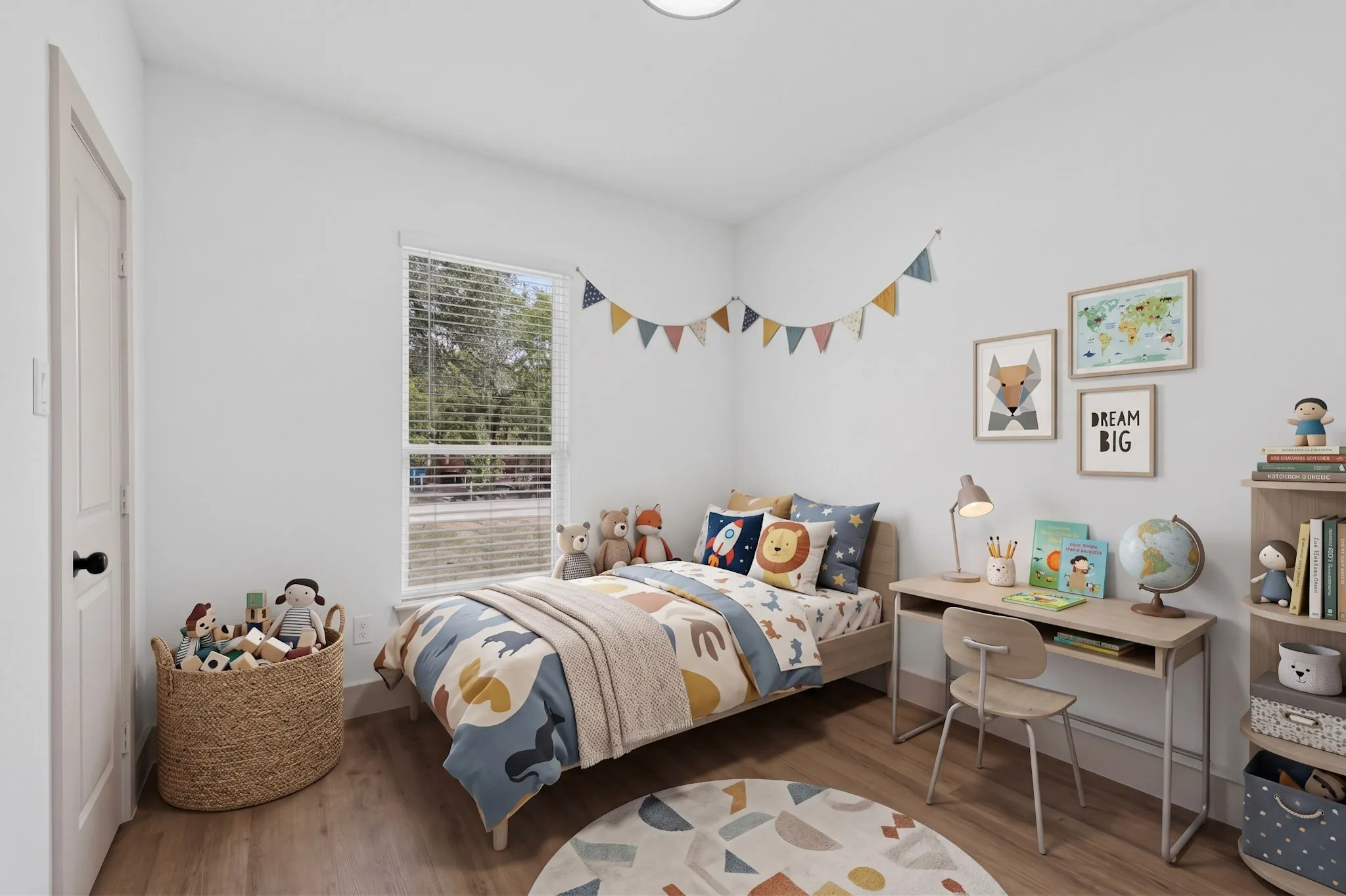 (Virtual Staging)Wood-finish flooring, single window with blinds, white interior walls, ceiling-mounted light fixture, light-colored door with black hardware