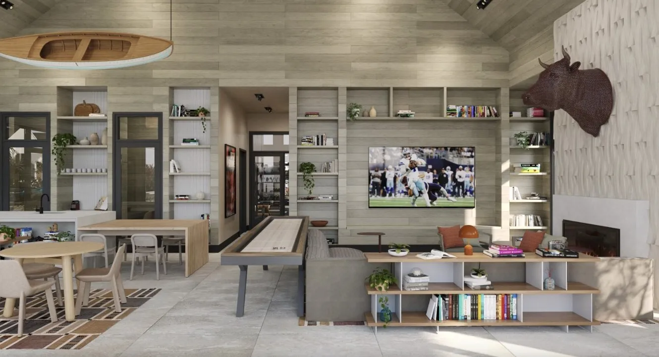 Tiled living room with wooden walls and high vaulted ceiling