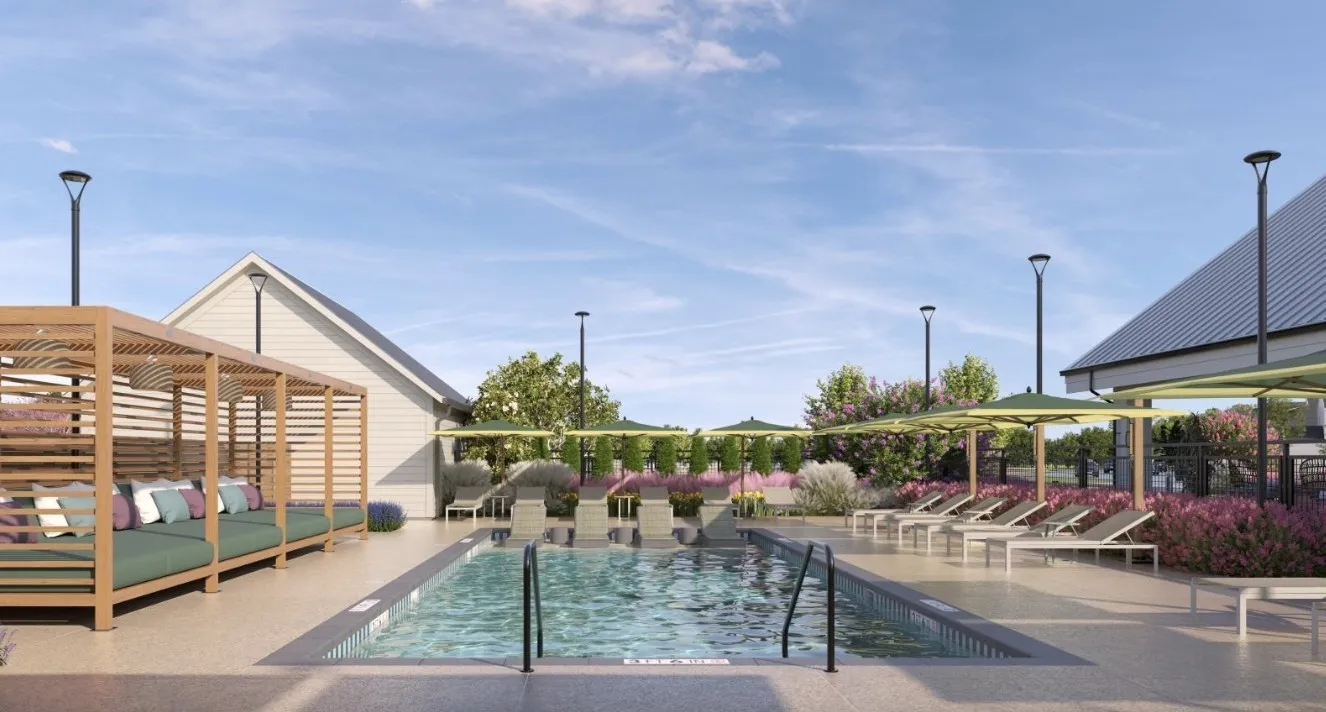 Community pool with a patio and a pergola