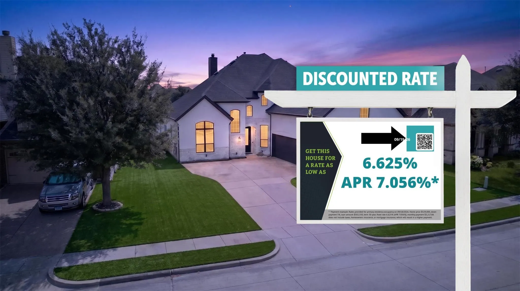 Real Estate Marketing Signage. Displaying promotional financing rates for the property