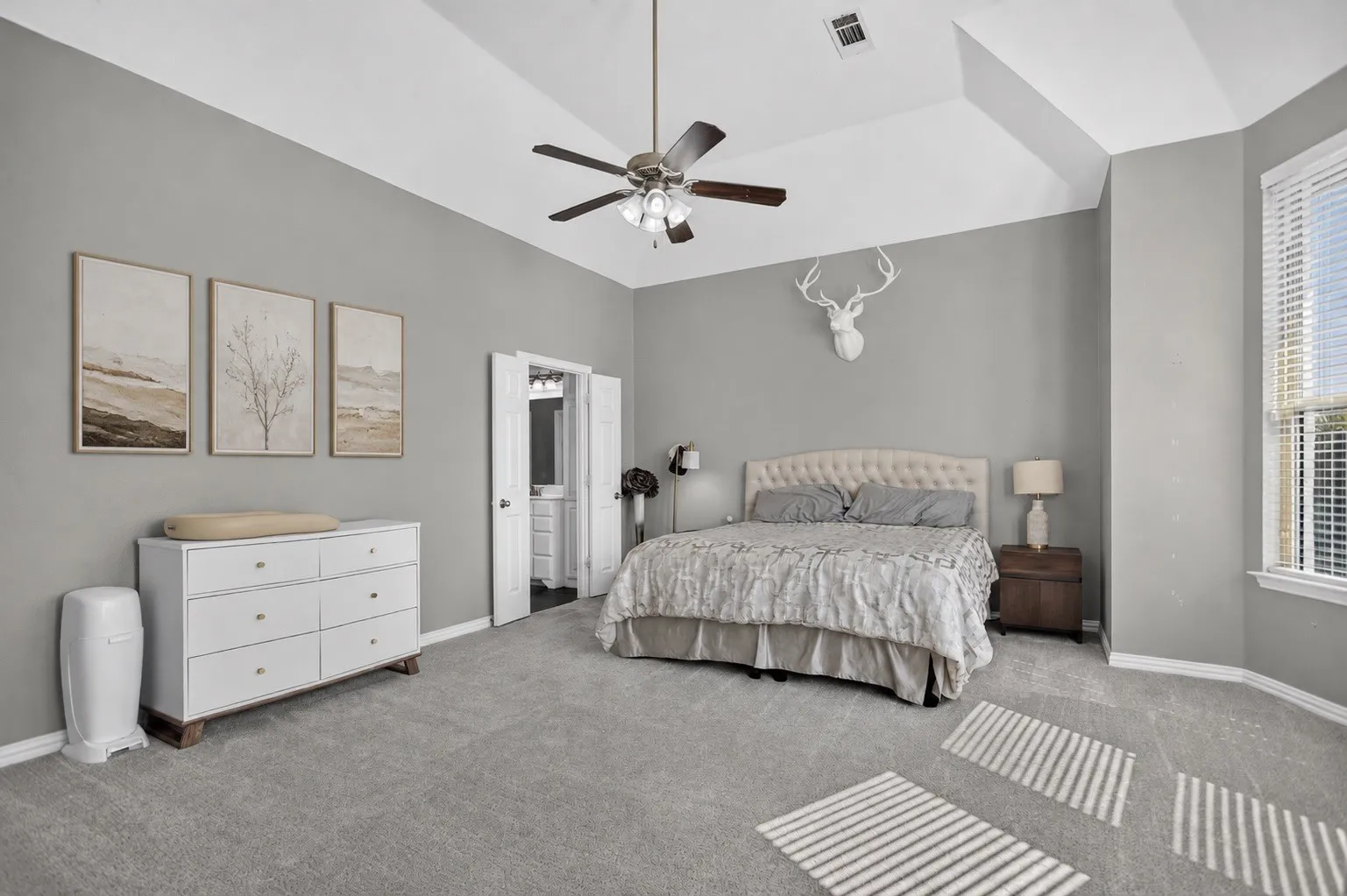 Tray ceiling with a ceiling fan, carpeting, double-pane window with blinds, and double doors