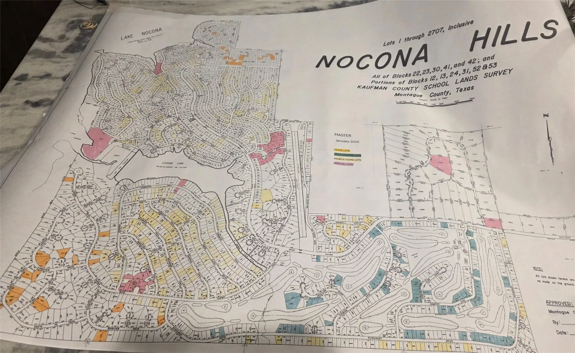 Plat Map, Nocona Hills subdivision. Illustrating the layout of lots, blocks, and land surveys within the specified area