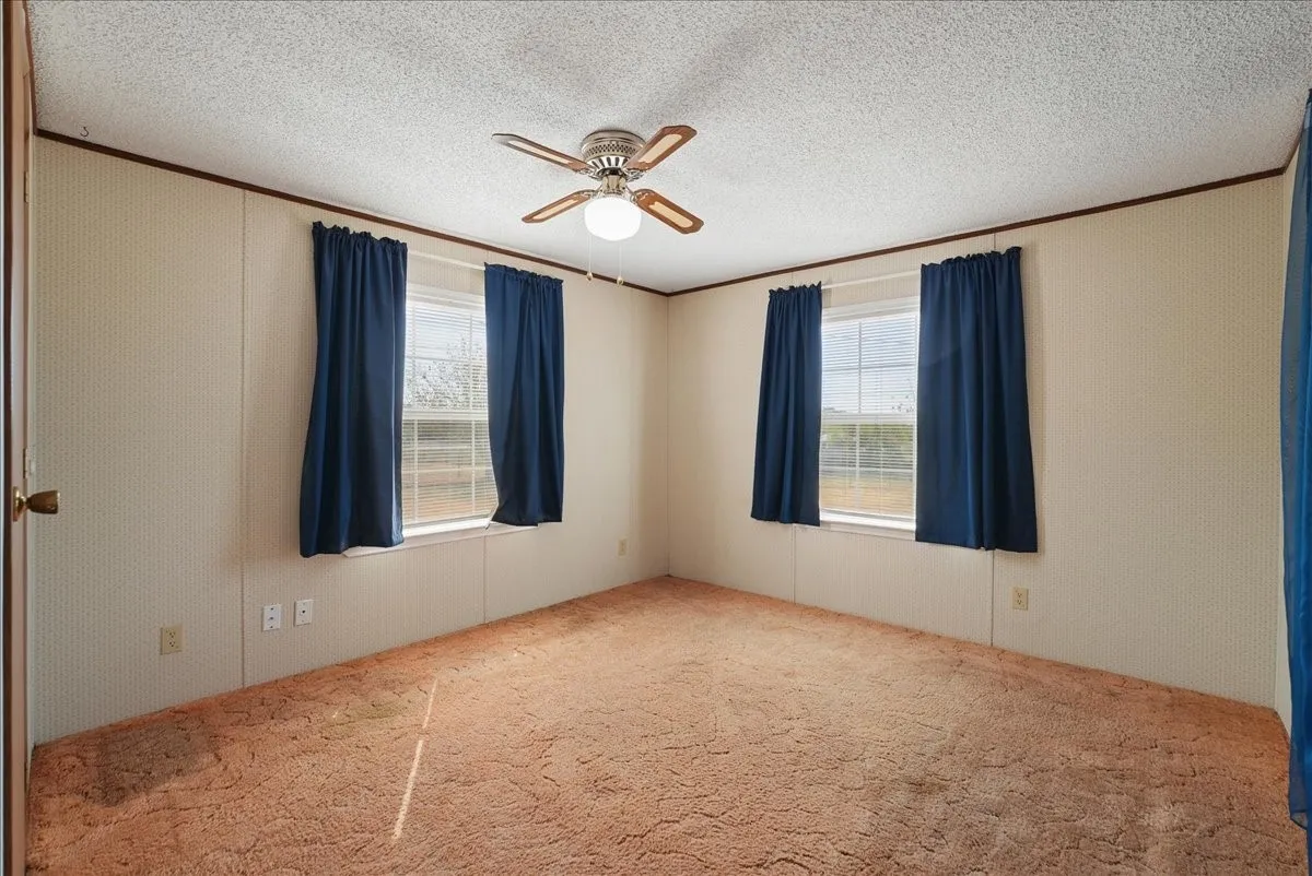 Two windows with vertical blinds, wood-finish ceiling fan with integrated lighting, and textured wall panels