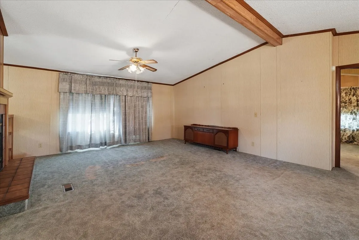 Angled ceiling with exposed wood beams