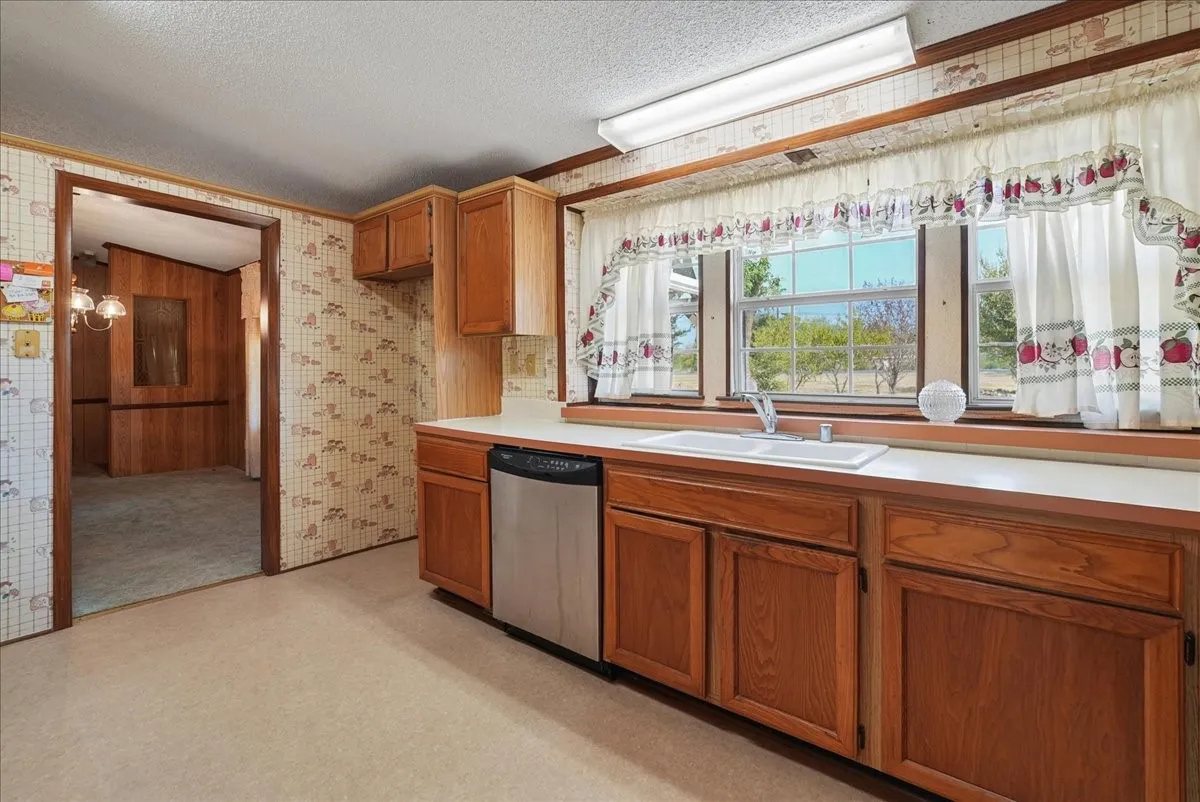 Kitchen featuring a window overlooking exterior greenery, a built-in dishwasher, and ample cabinetry
