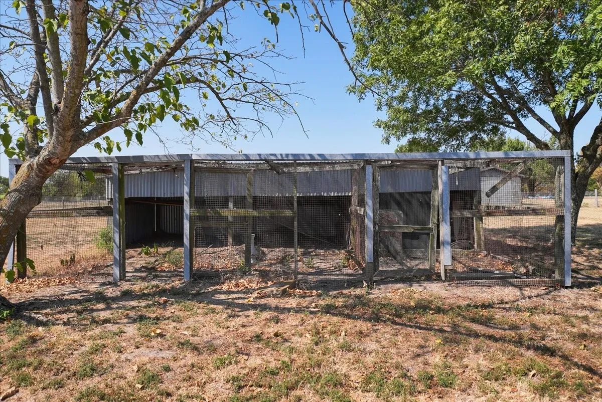 Fenced enclosure with wood framing and corrugated metal siding