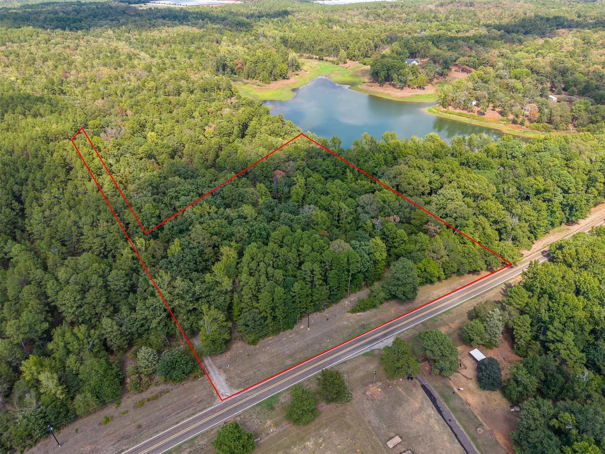 Expansive wooded lot featuring a paved road frontage, natural tree coverage, and a water body along the perimeter
