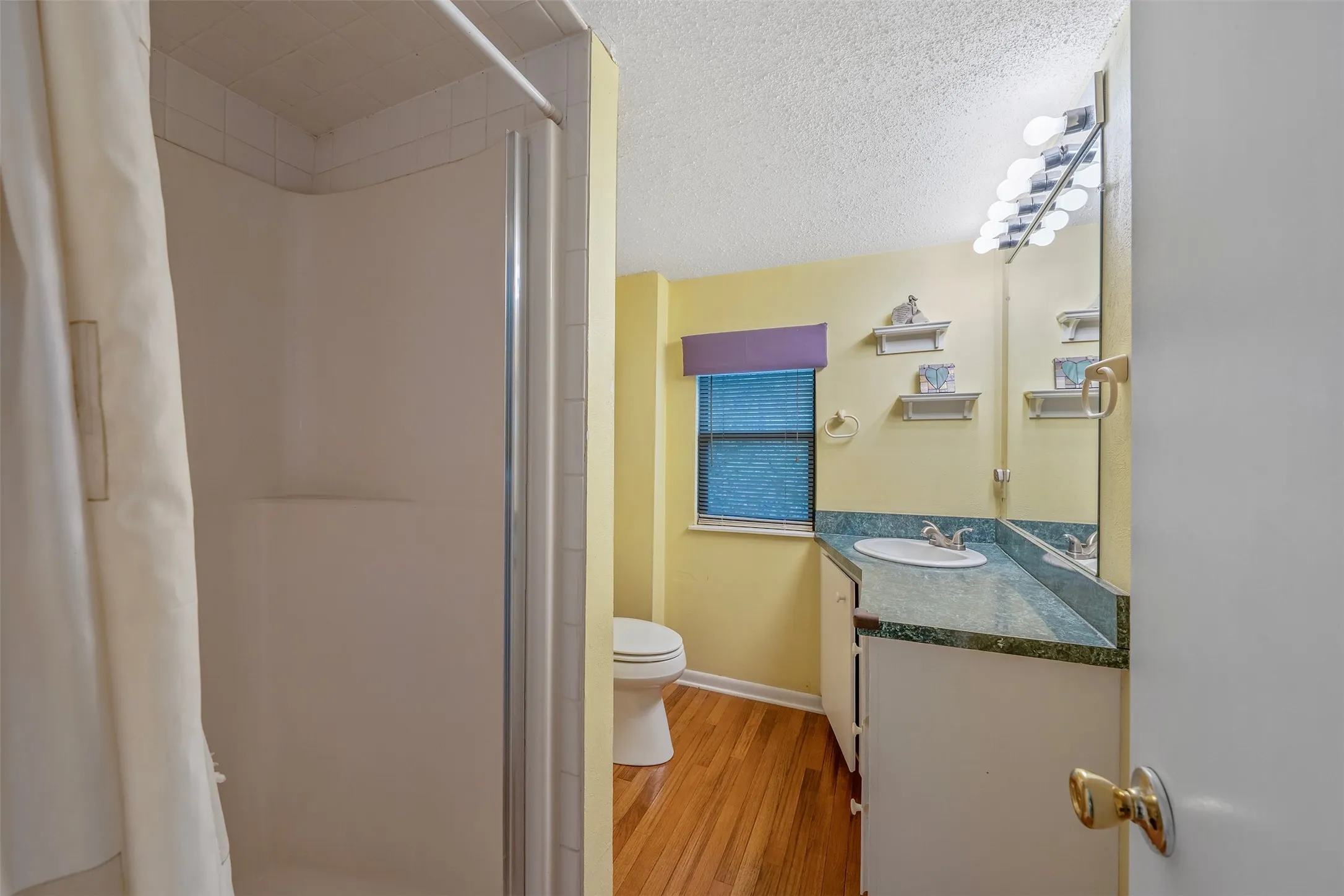 Shower enclosure, vanity with a green countertop, wood-finish flooring, and a single window