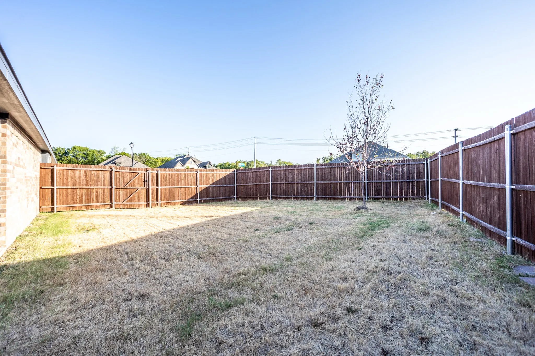 Expansive backyard featuring a wood fence, a mature tree, and a brick exterior wall