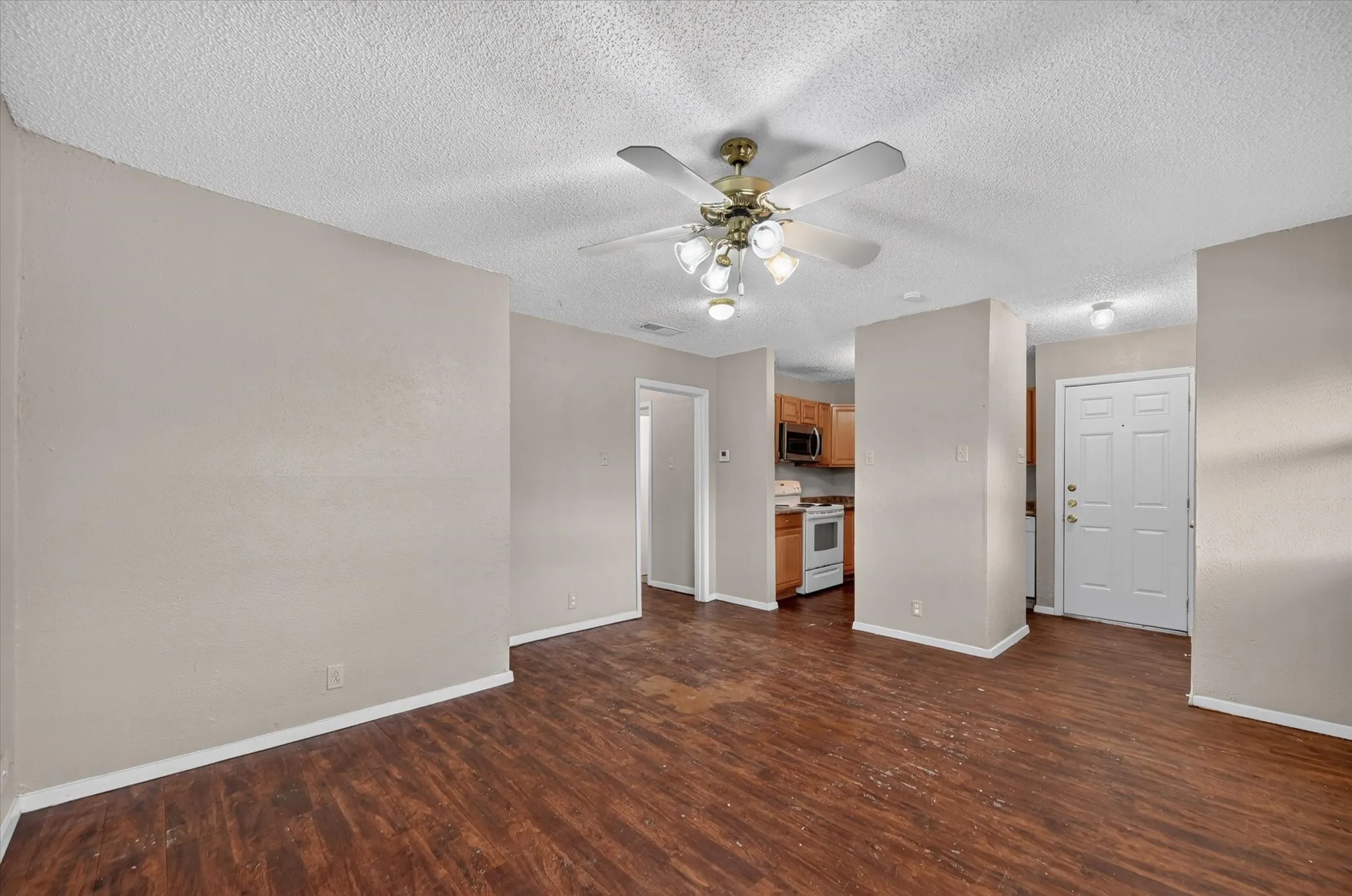 Wood-finish flooring throughout the main living space