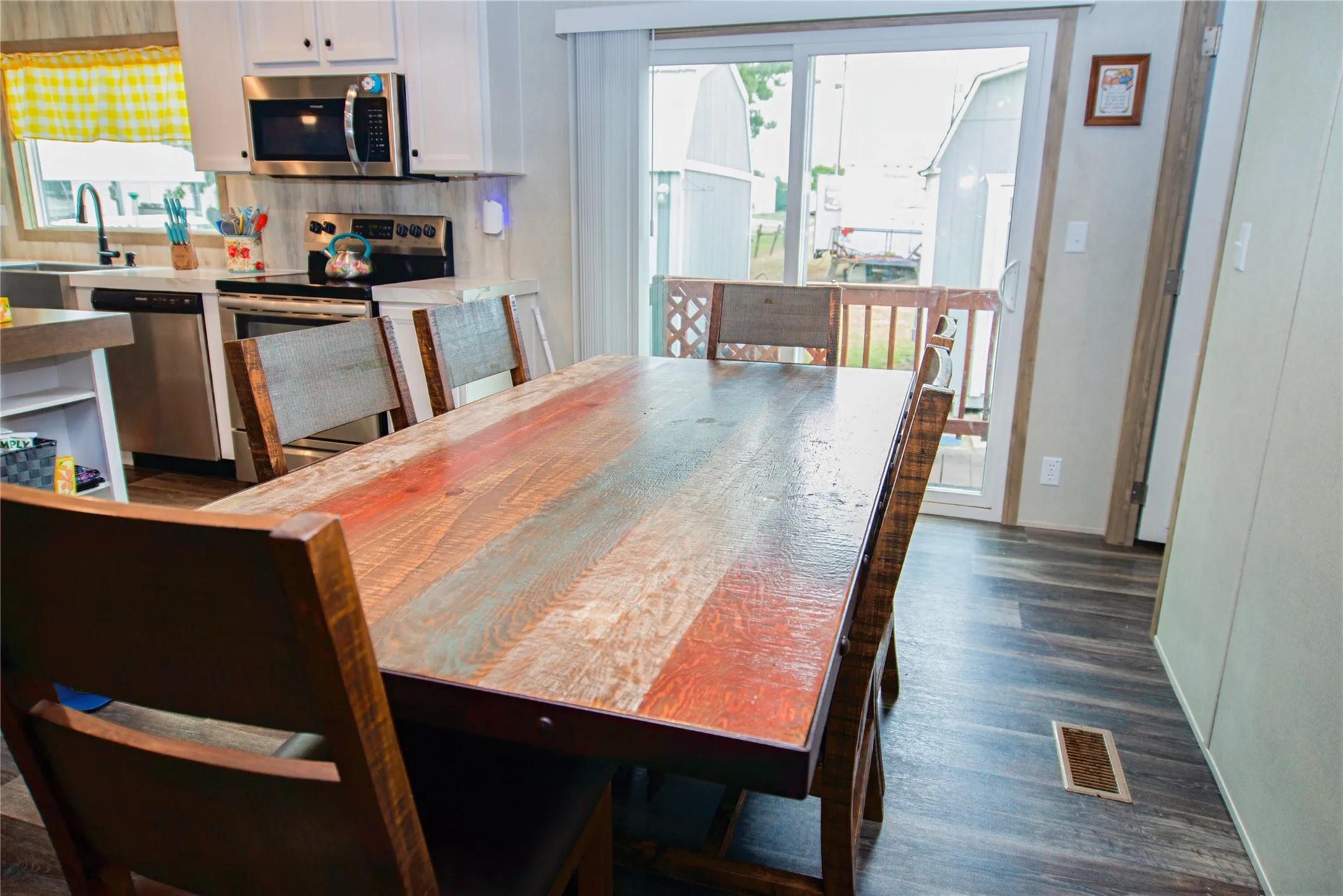 Dining area fits large table.