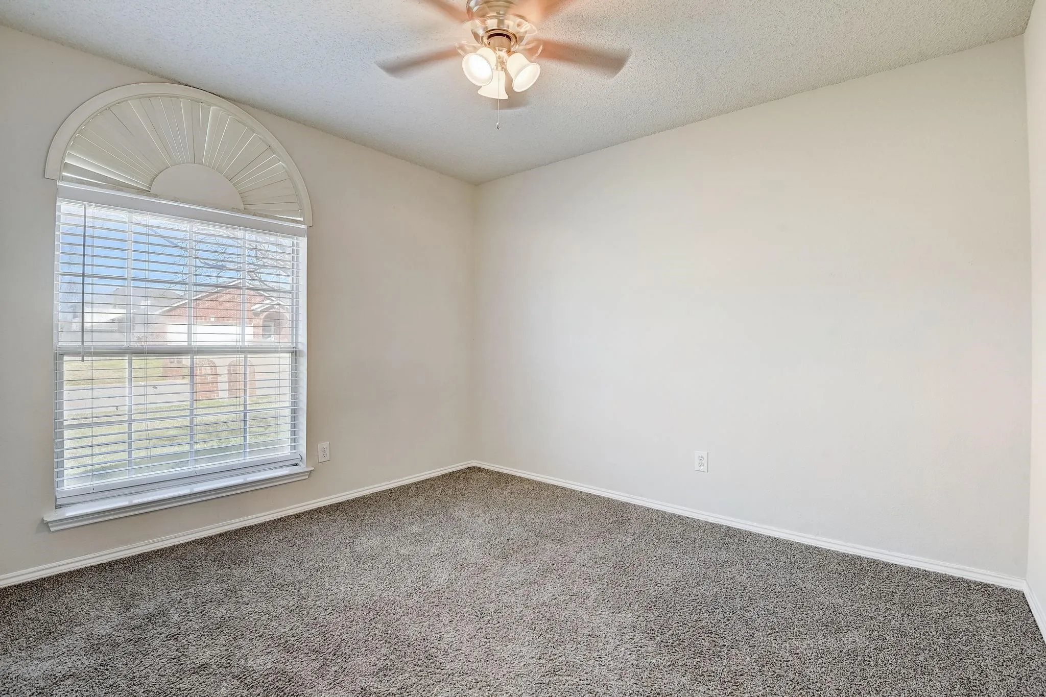 Unfurnished room with a ceiling fan, carpet, a textured ceiling, and baseboards