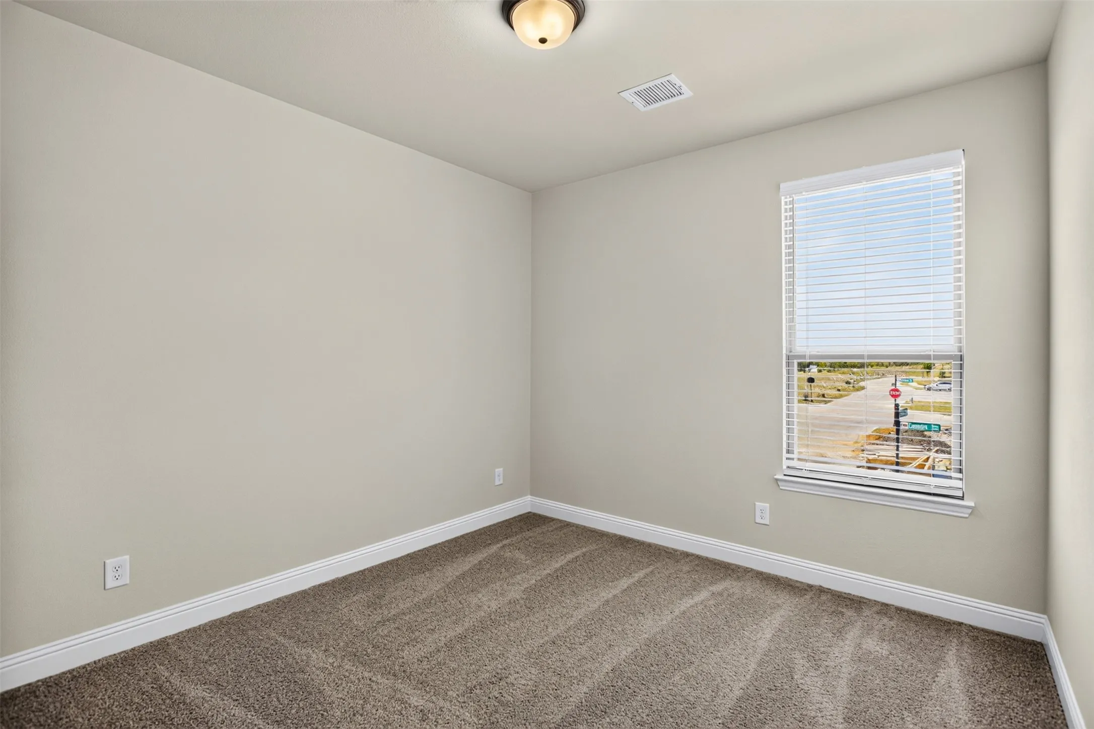 Neutral wall paint, plush carpet flooring, and a window with blinds