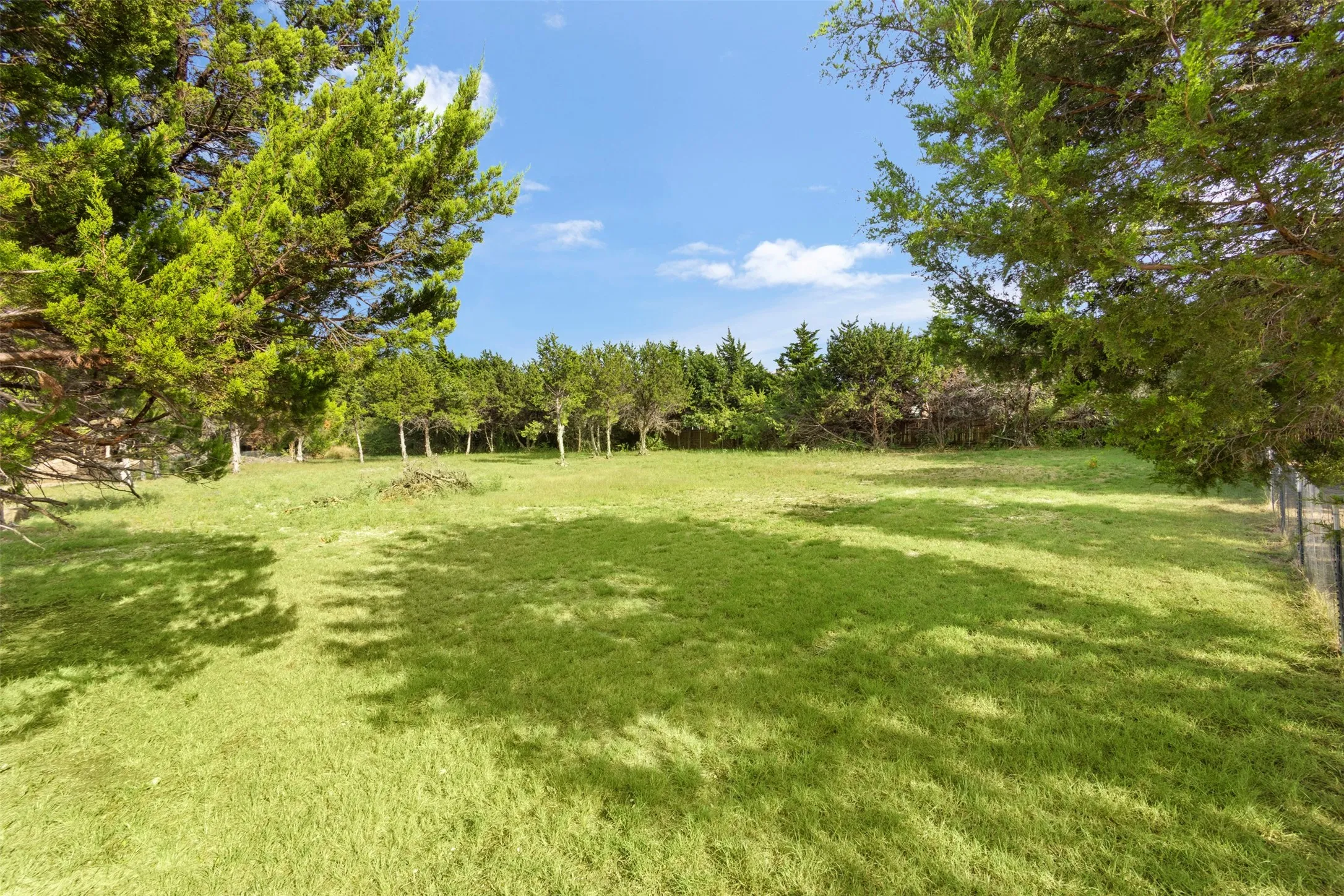 Expansive grassy area with mature trees and perimeter fencing
