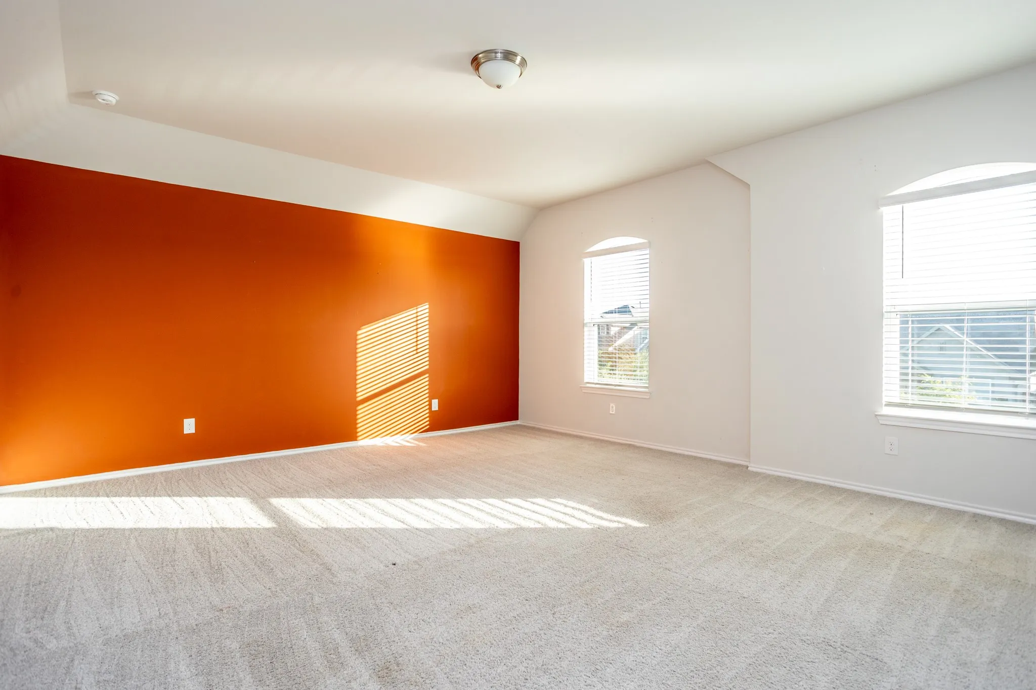 Spacious room featuring a striking burnt orange accent wall, neutral carpet flooring, and abundant natural light from dual windows with blinds