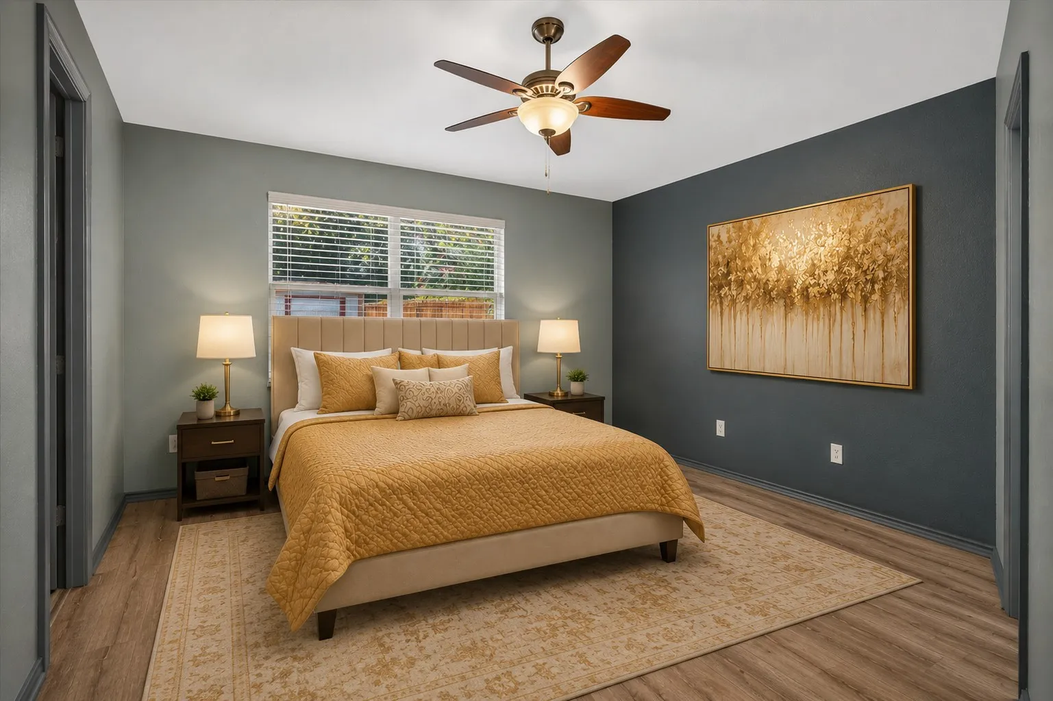 Virtually staged Ceiling fan with integrated lighting, wood-finish flooring, and a large window with blinds
