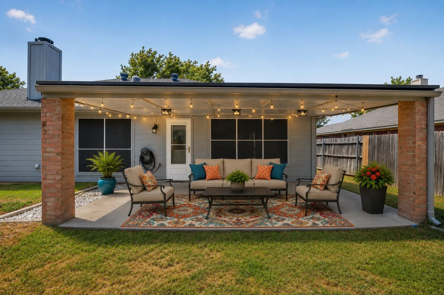 Virtually staged Covered concrete patio with brick support columns, string lighting, and direct exterior access