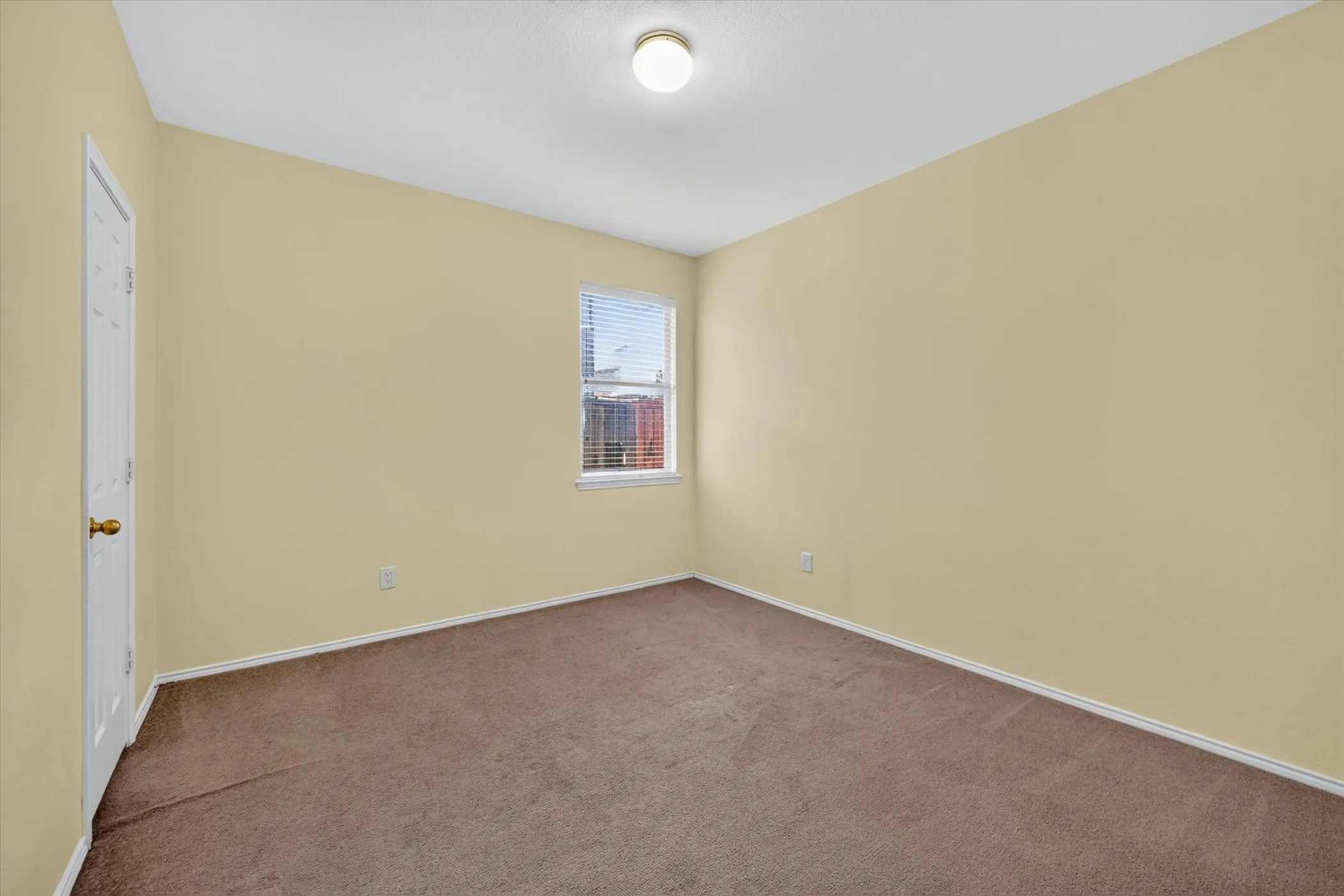 Neutral tone wall paint, carpeted flooring, two windows with blinds, and a flush-mount ceiling light