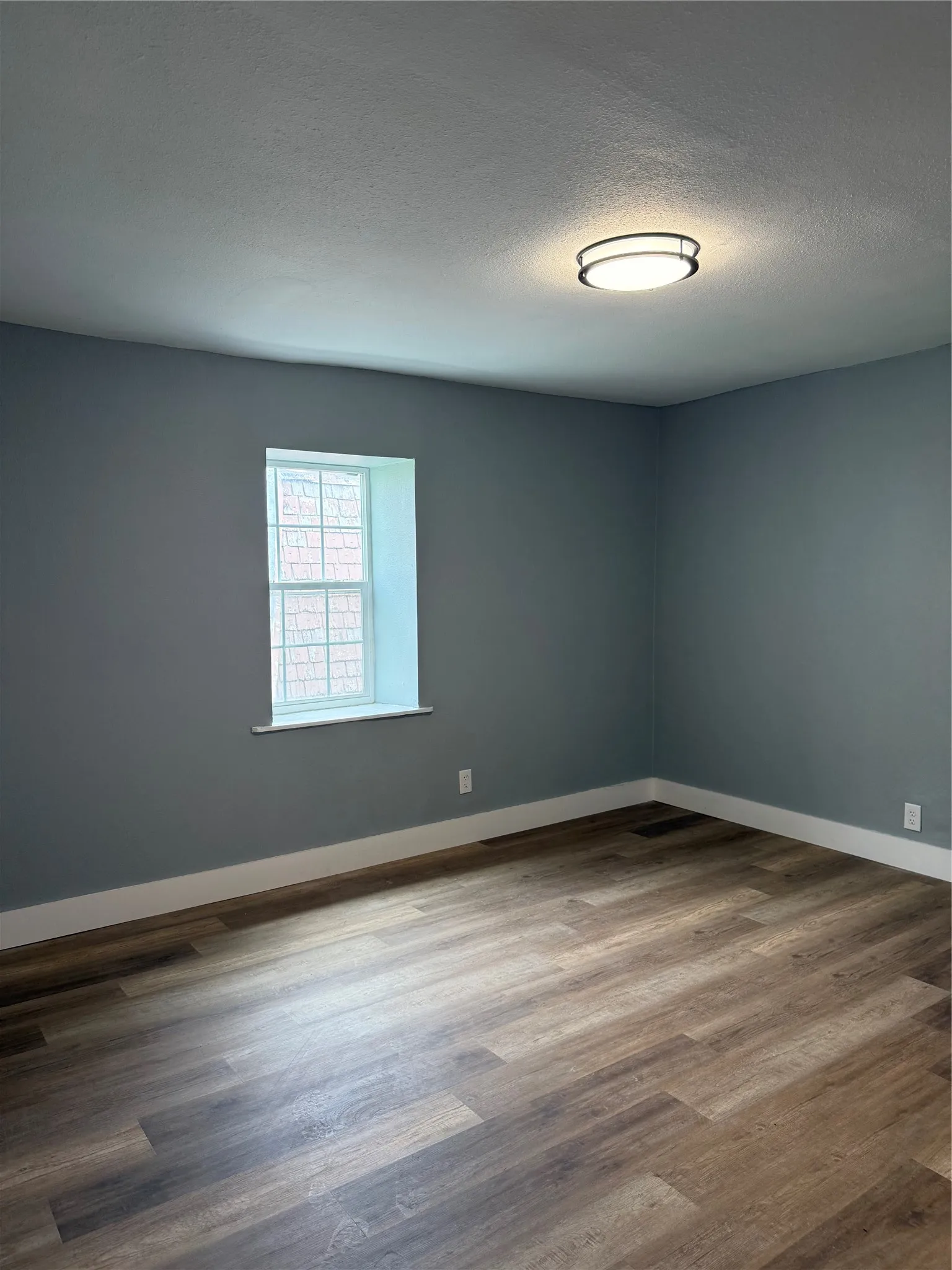 Wood-finish flooring, a window with white trim, a flush-mount ceiling light fixture, and neutral wall paint