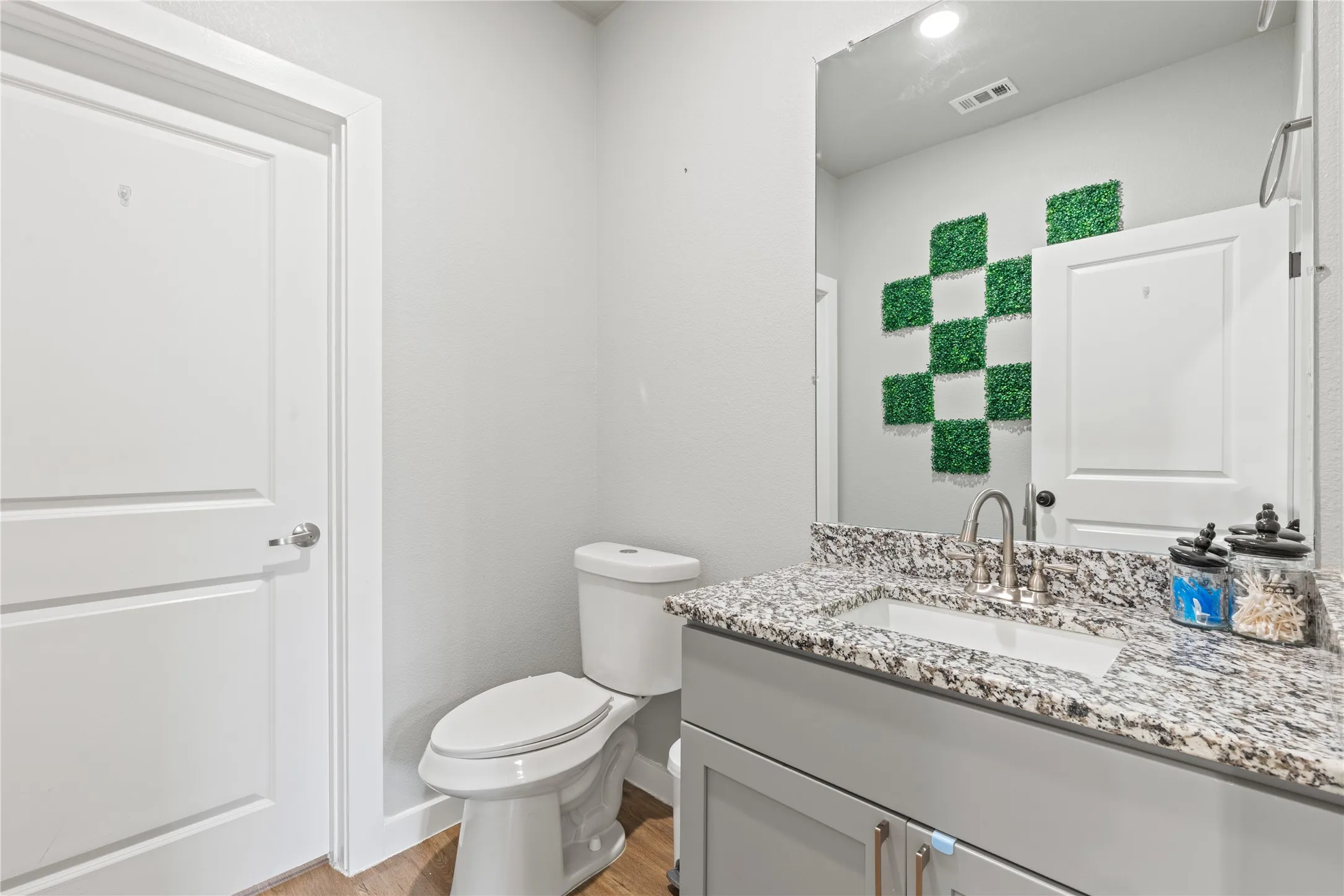 White paneled door, wood-finish flooring, white toilet, vanity with granite-style countertop, and an undermount sink