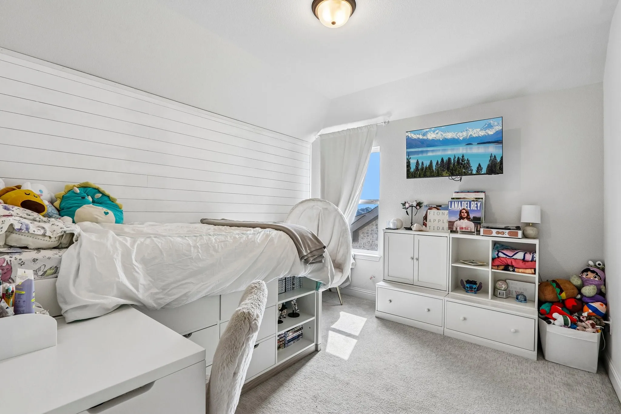 Shiplap accent wall, recessed window, wall-mounted television, built-in shelving, and light gray carpet