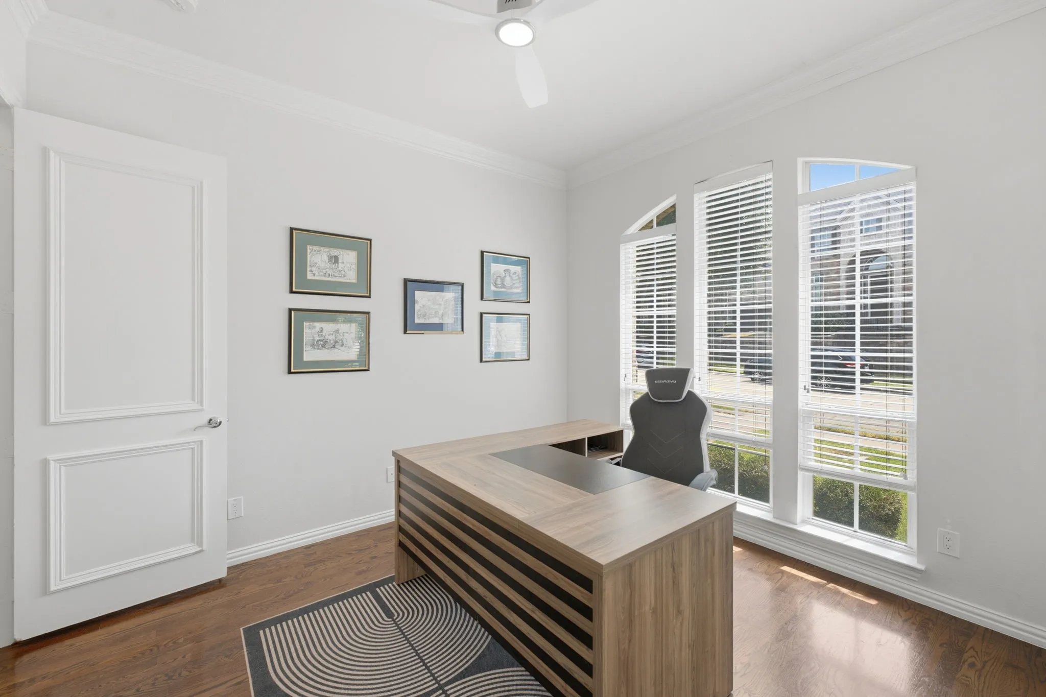 Arched windows with blinds, wood-finish flooring, white paneled door, crown molding, and a ceiling fan