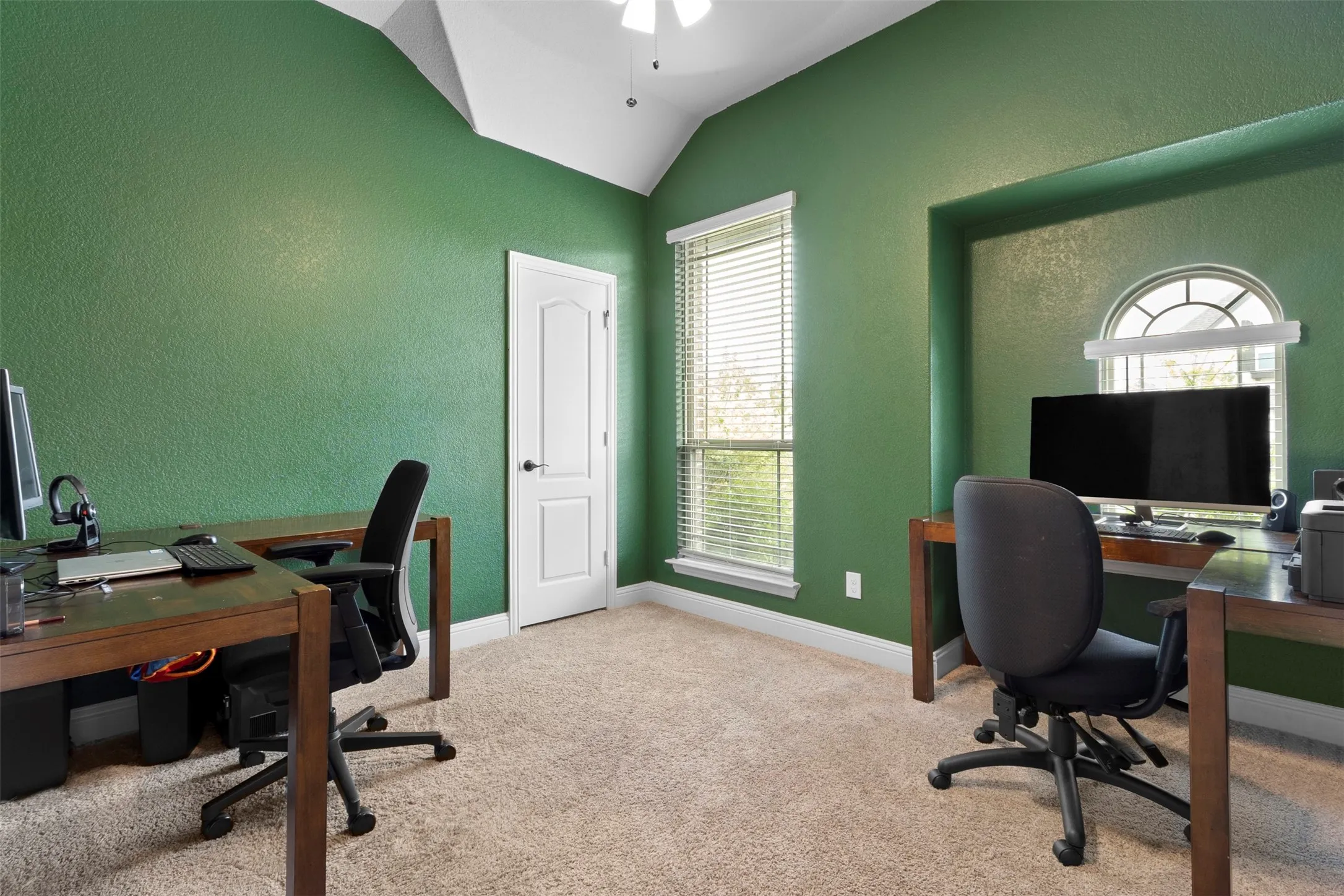 Vaulted ceiling, arched window, recessed window alcove, paneled interior door, and carpeted flooring