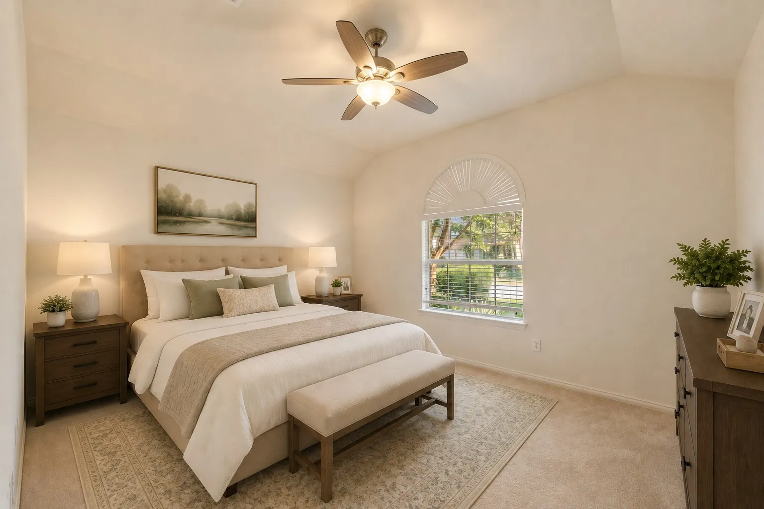 Vaulted ceiling with ceiling fan, arched transom window, wood-finish nightstands, and built-in dresser