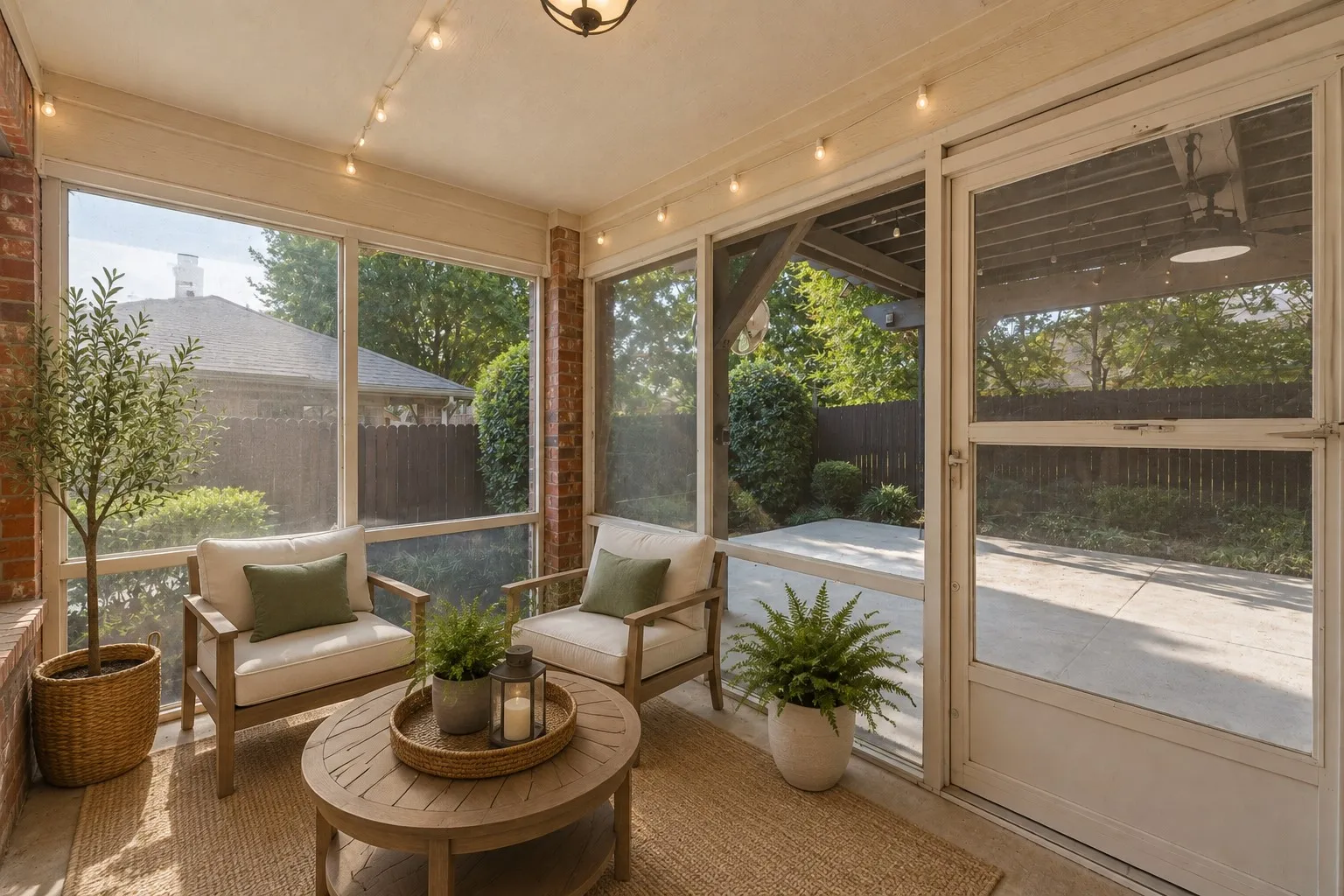 Screened porch featuring brick accents, string lighting, and a direct access screen door to the exterior concrete patio