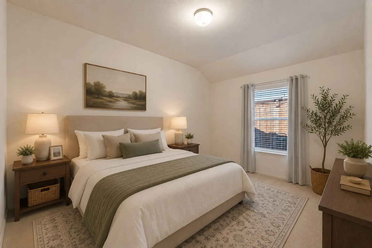 Carpeted bedroom with a single window featuring blinds, a ceiling-mounted light fixture, and neutral wall tones