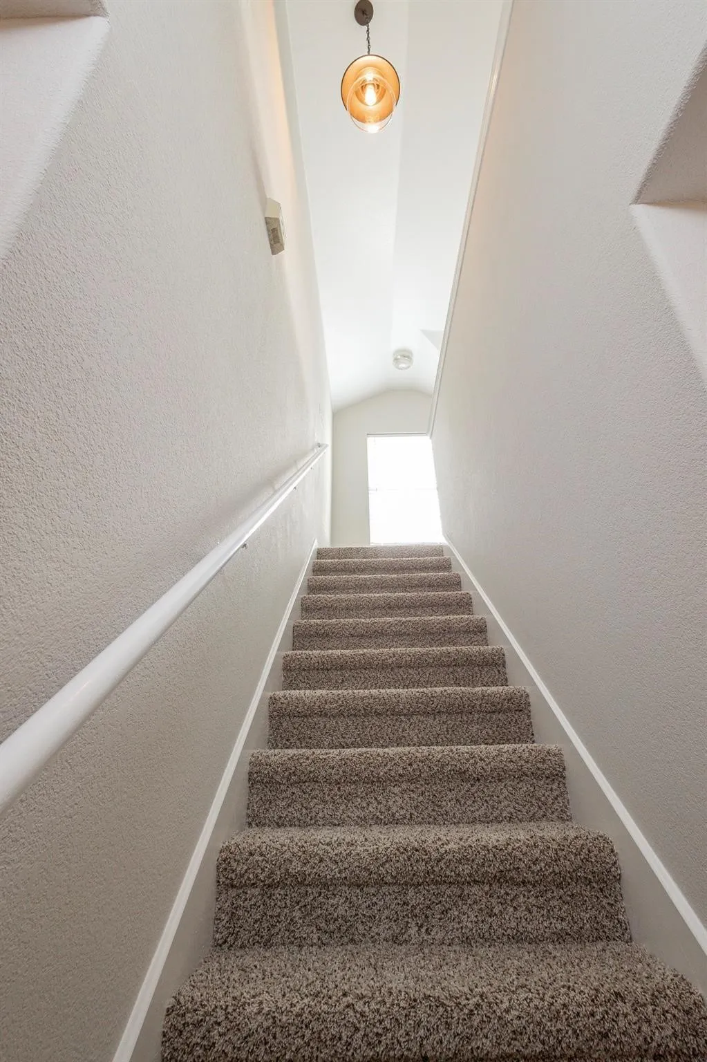 Carpeted staircase with wall-mounted handrail and overhead lighting