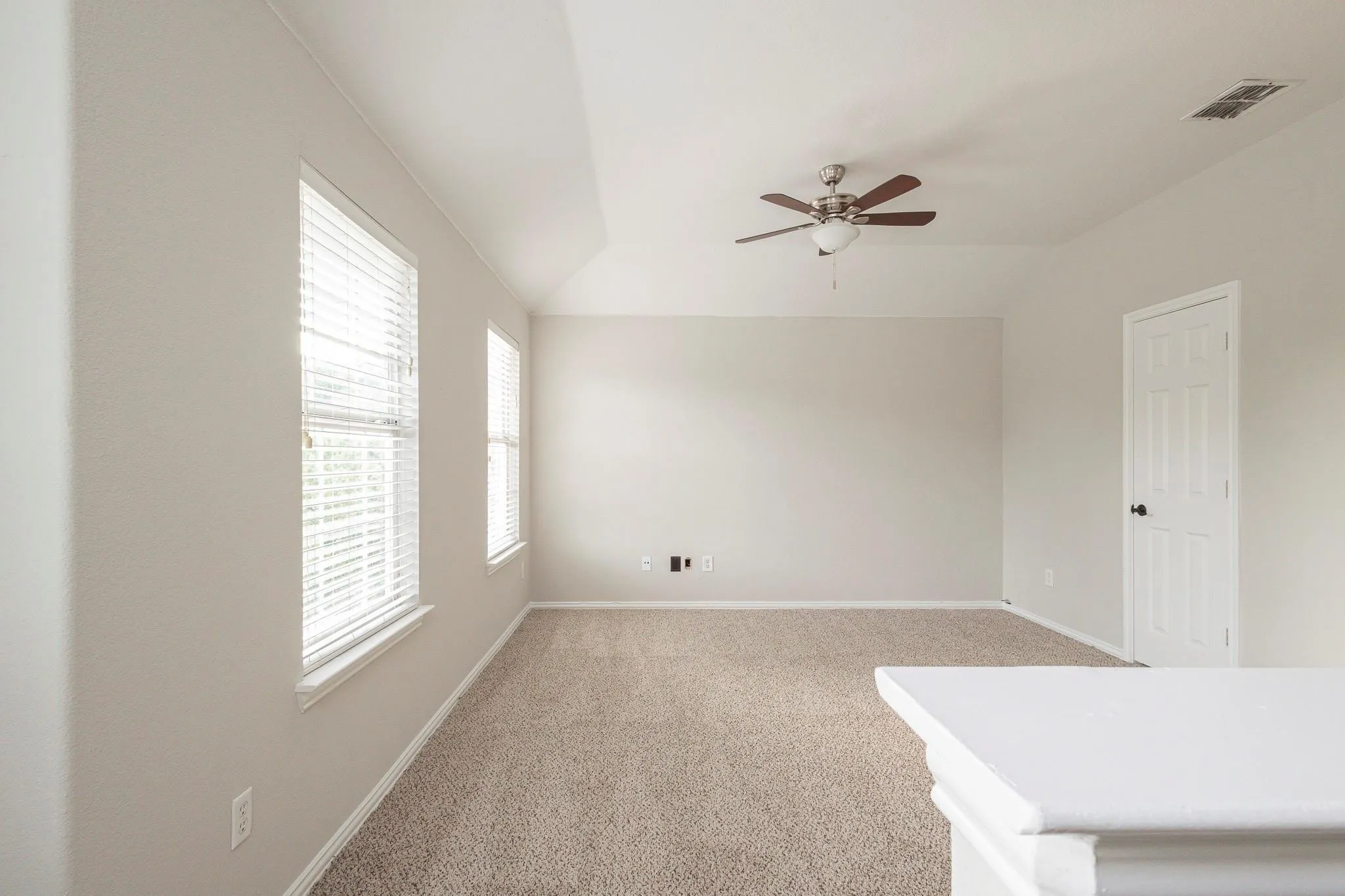 Tray ceiling with a ceiling fan, neutral carpet, multiple windows with blinds, and a paneled door