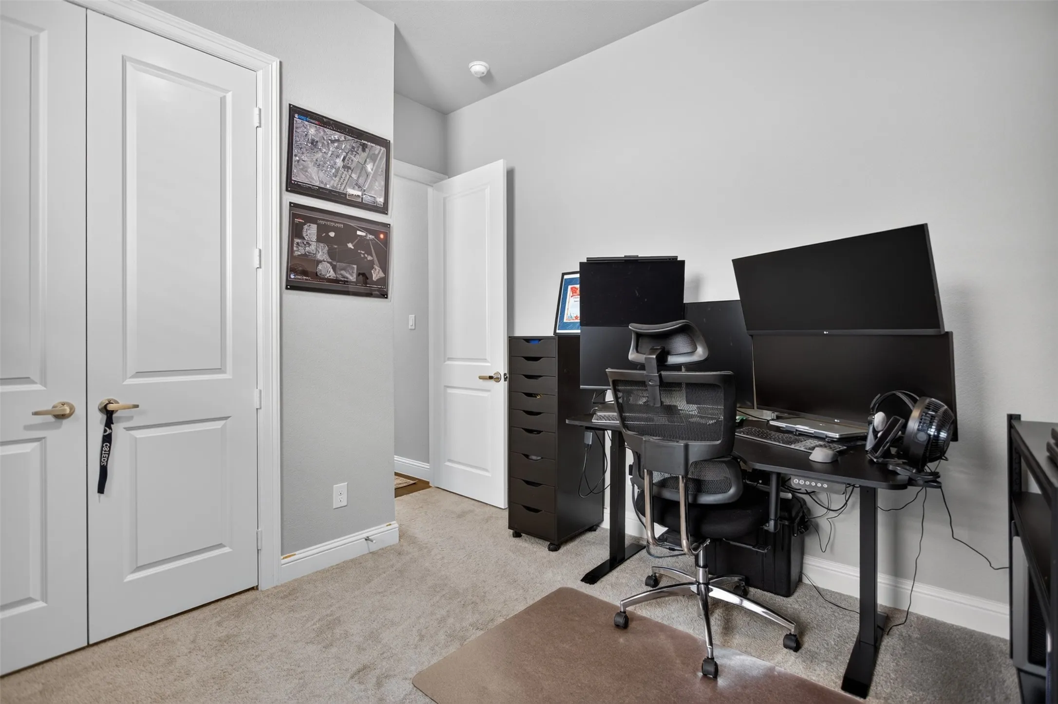 Neutral wall paint, plush carpet flooring, white trim, and white two-panel doors