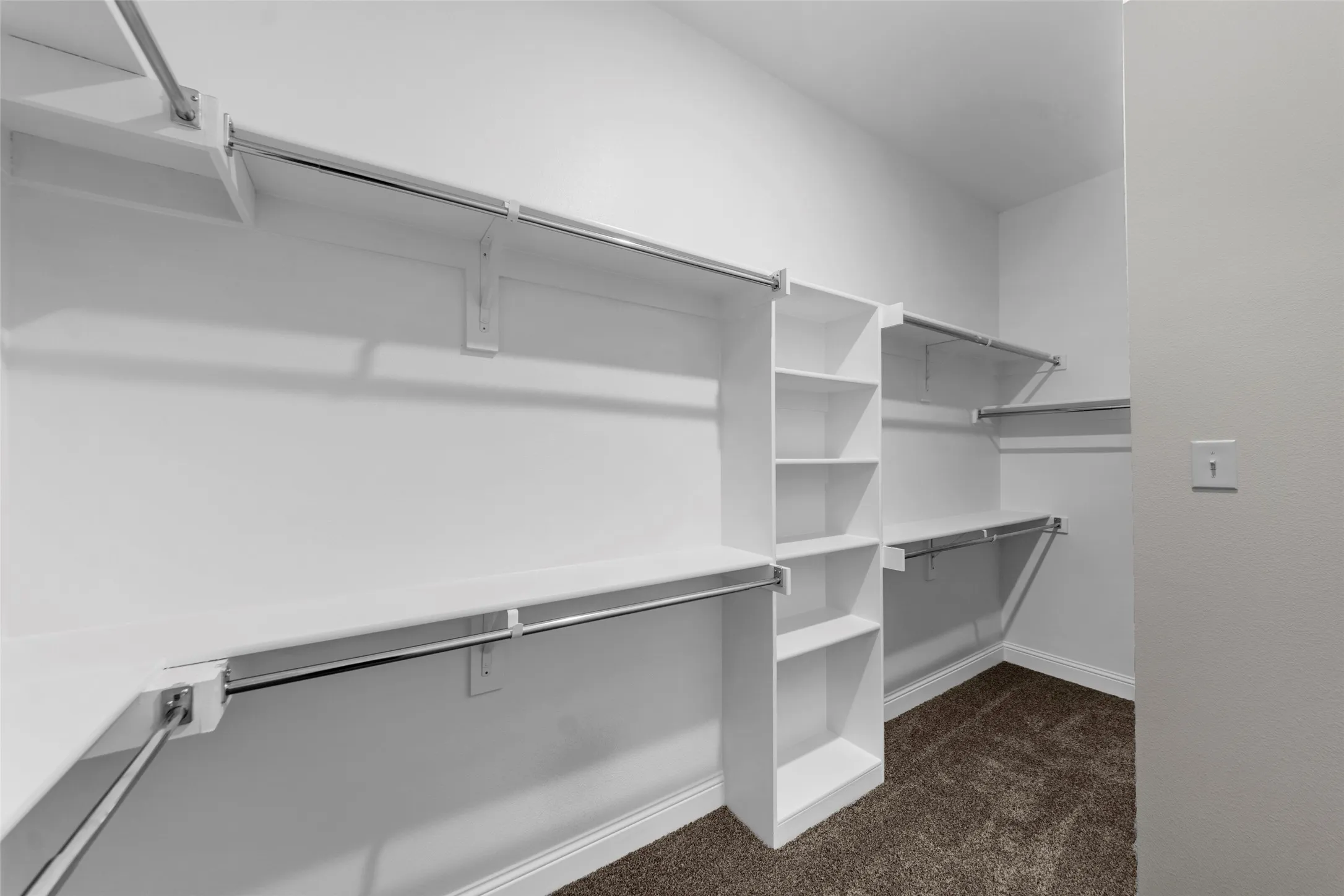 Walk-in closet featuring built-in shelving, chrome hanging rods, and carpet flooring