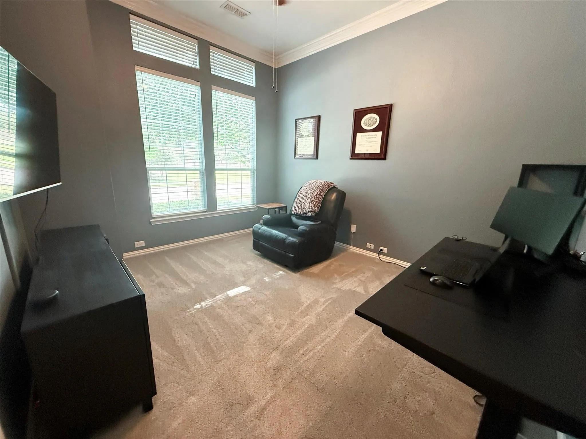 Carpeted room featuring high ceilings, crown molding, and large windows with blinds