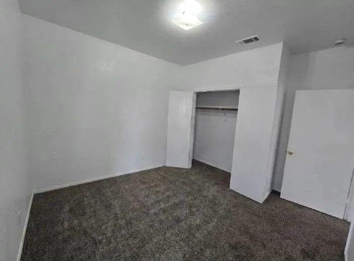 Recessed ceiling light fixture, gray carpeting, built-in closet with hanging rod, white interior doors, and white painted walls