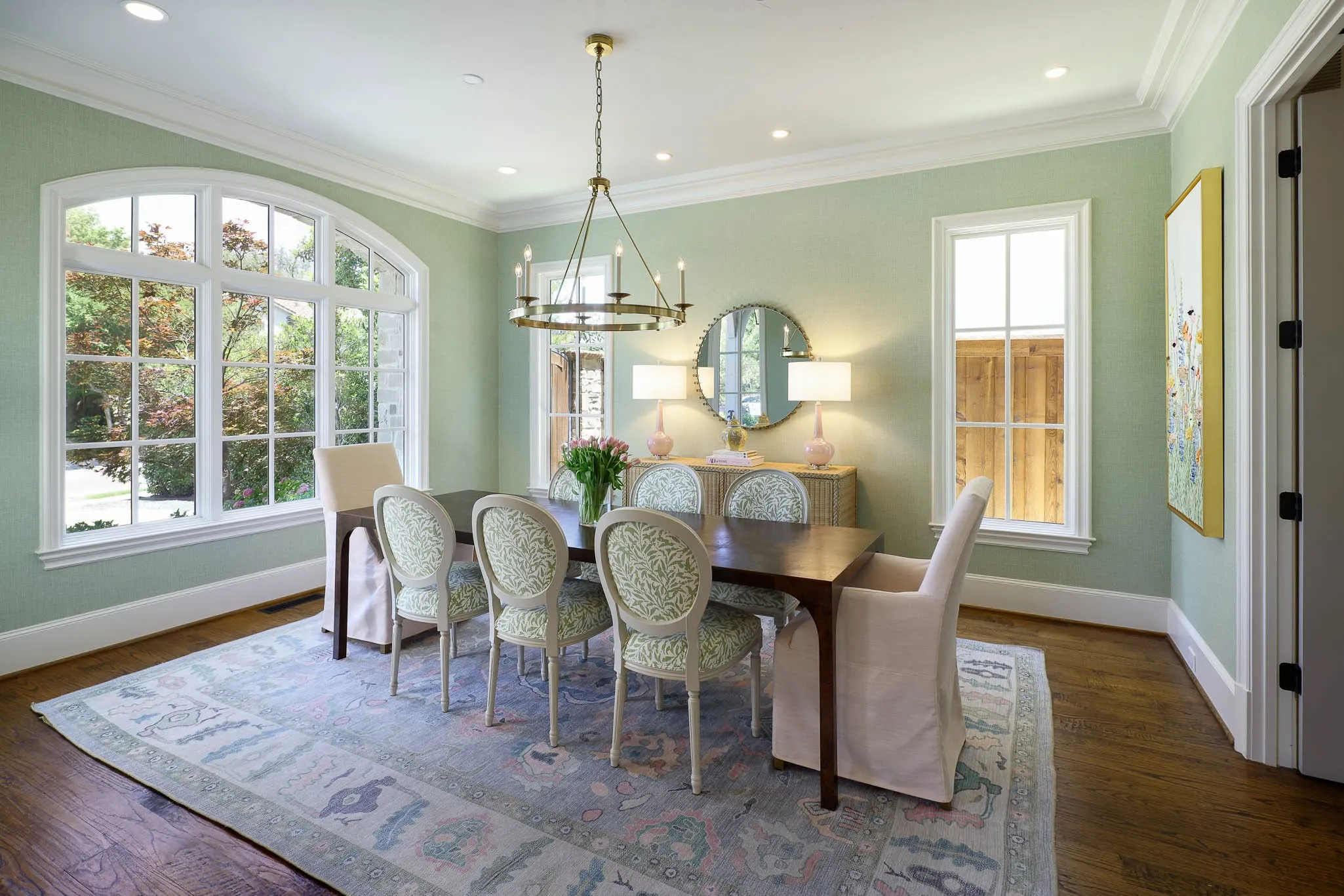 Dining room with designer wallpaper
