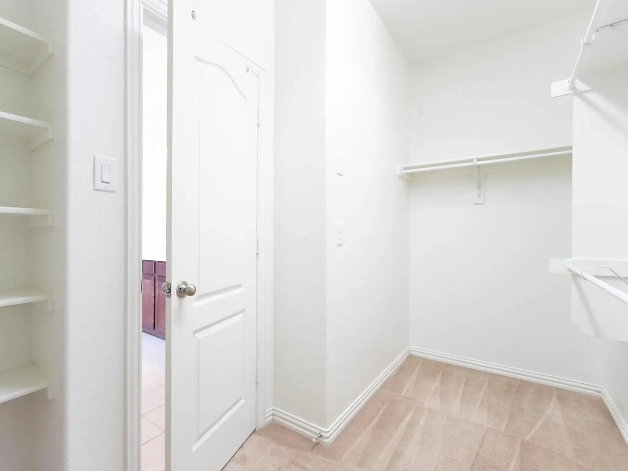 Built-in shelving, carpet flooring, and a white interior door with a round knob