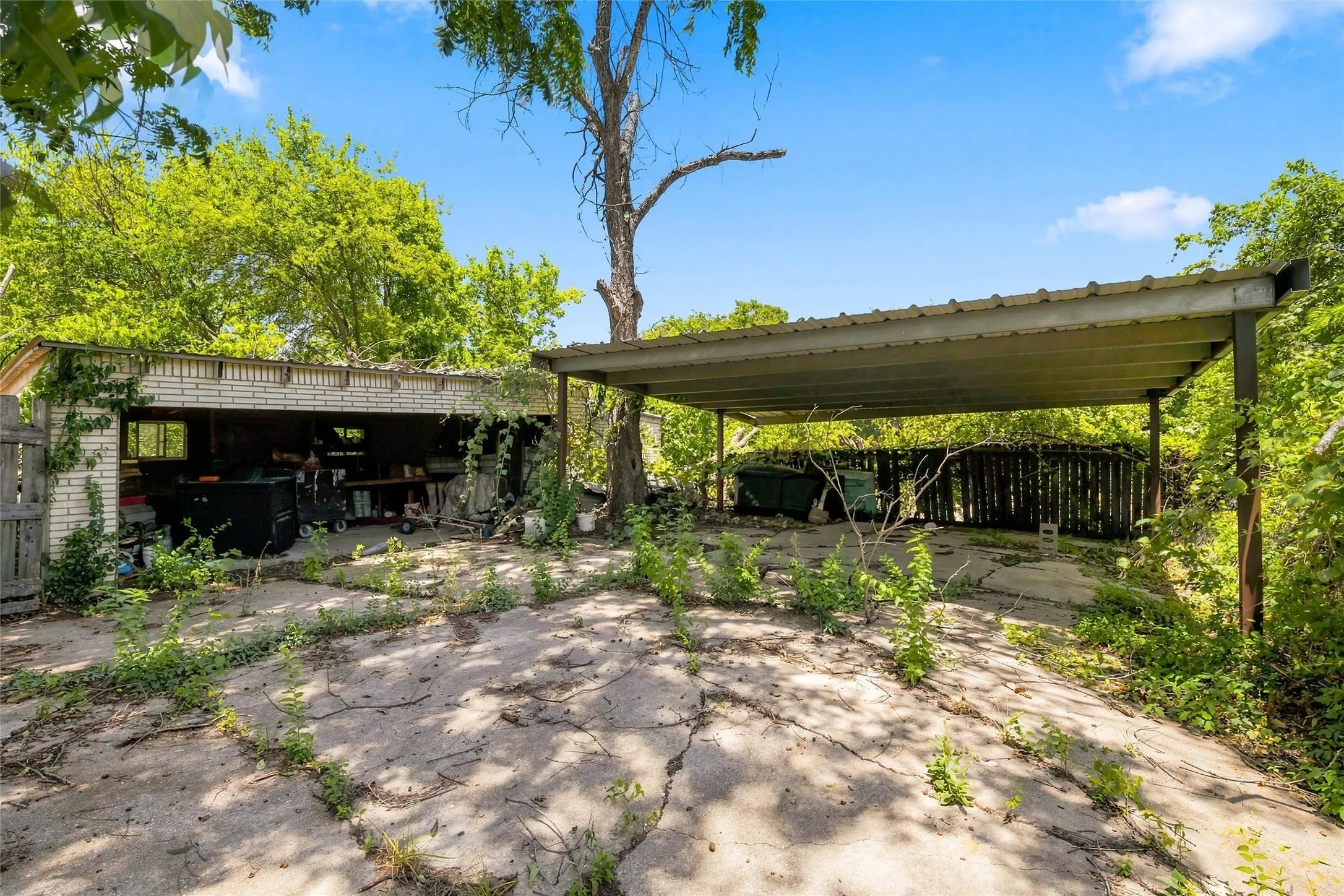 Shed and carport in backyard.