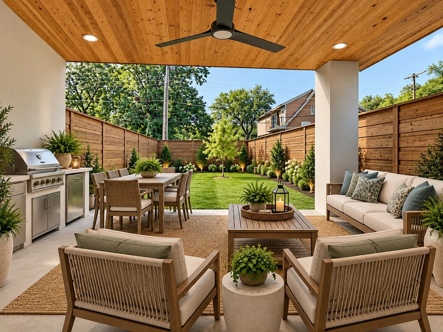 Outside living at its best. Epoxy finish to patio, gas stub for grill. Artificial turf for ease of maintenance and year round green. 8ft privacy fence.