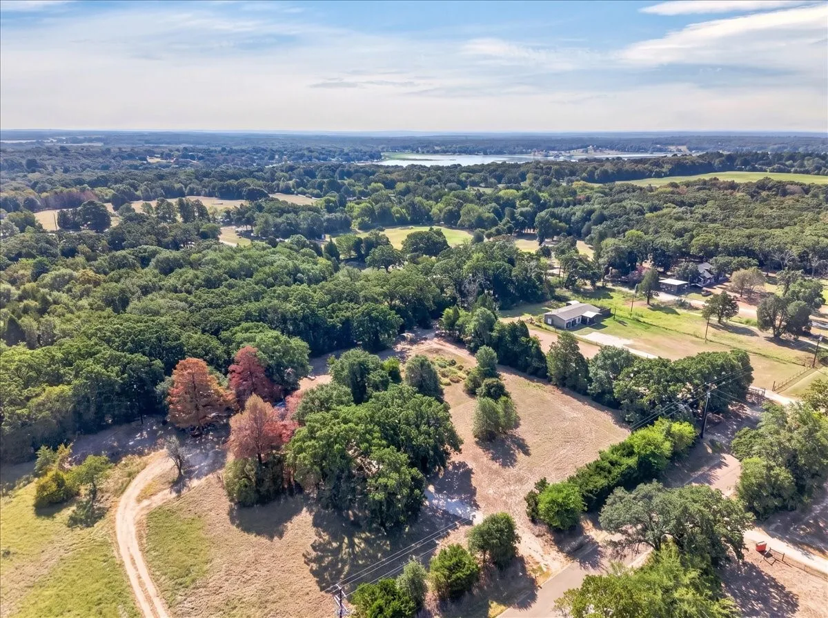 Expansive rural landscape featuring mature trees, open fields, and distant water